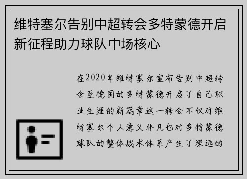 维特塞尔告别中超转会多特蒙德开启新征程助力球队中场核心 维特塞尔告别中超转会多特蒙德开启新征程助力球队中场核心